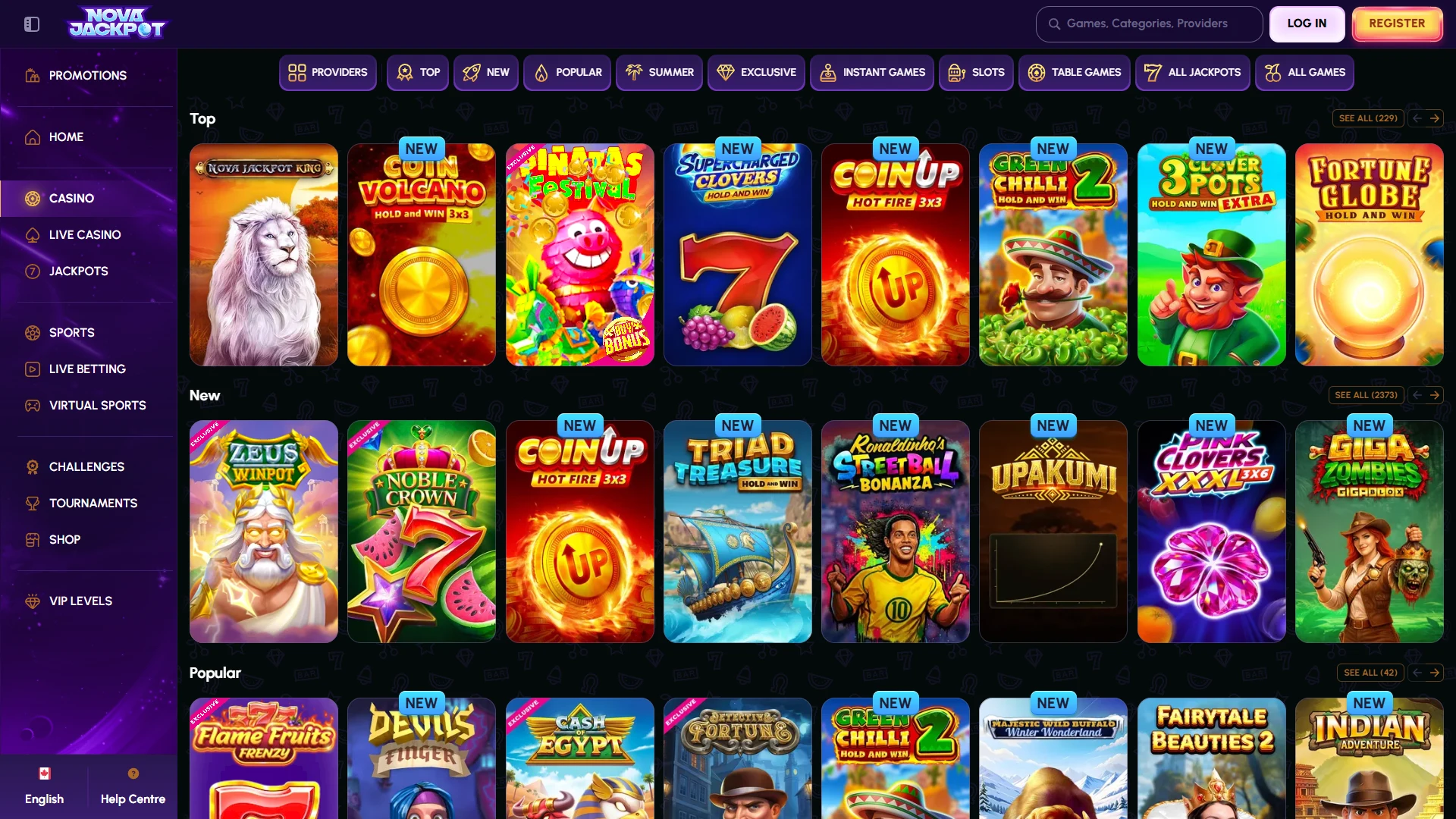 Novajackpot game lobby