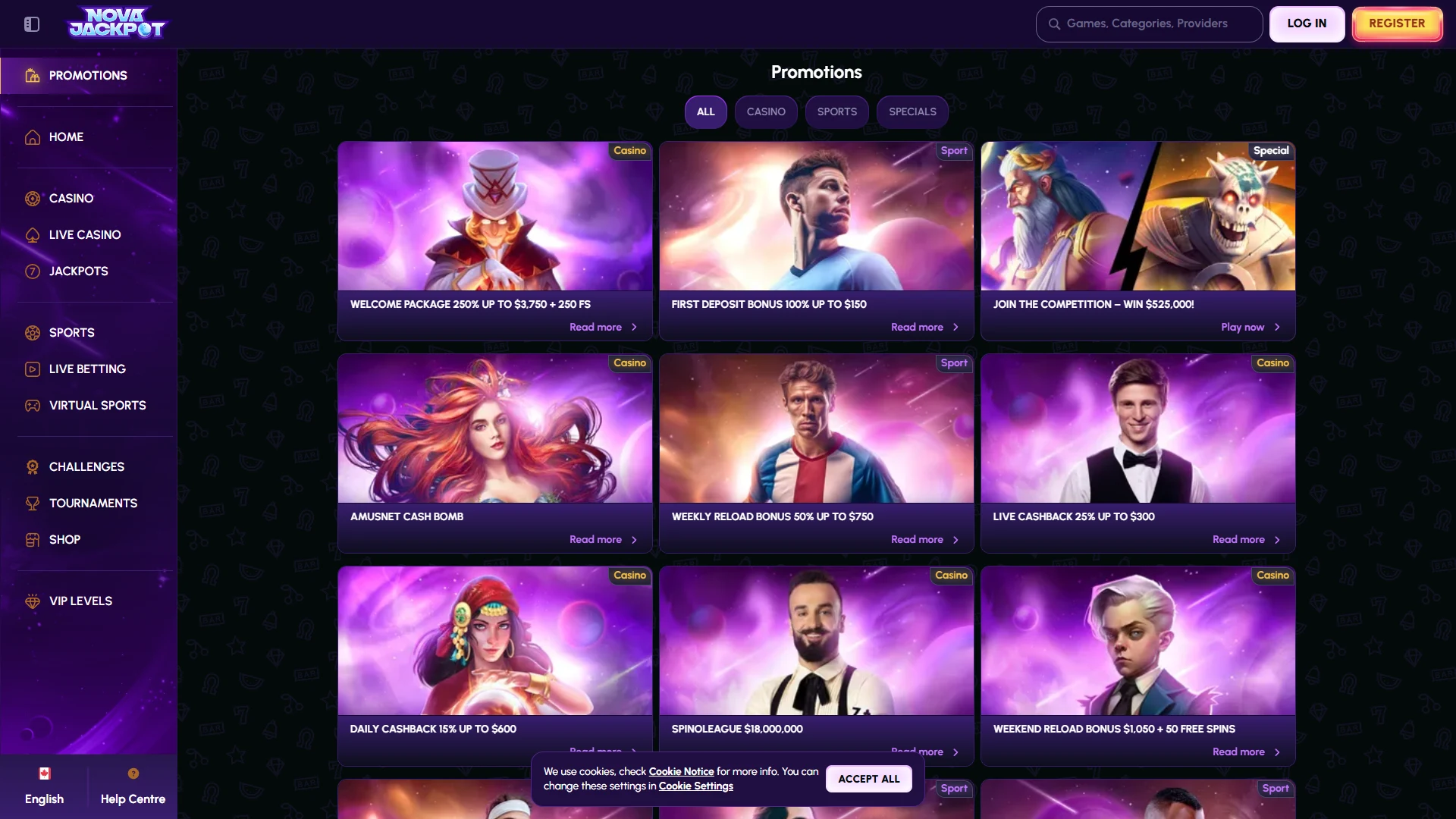 Novajackpot promotions page